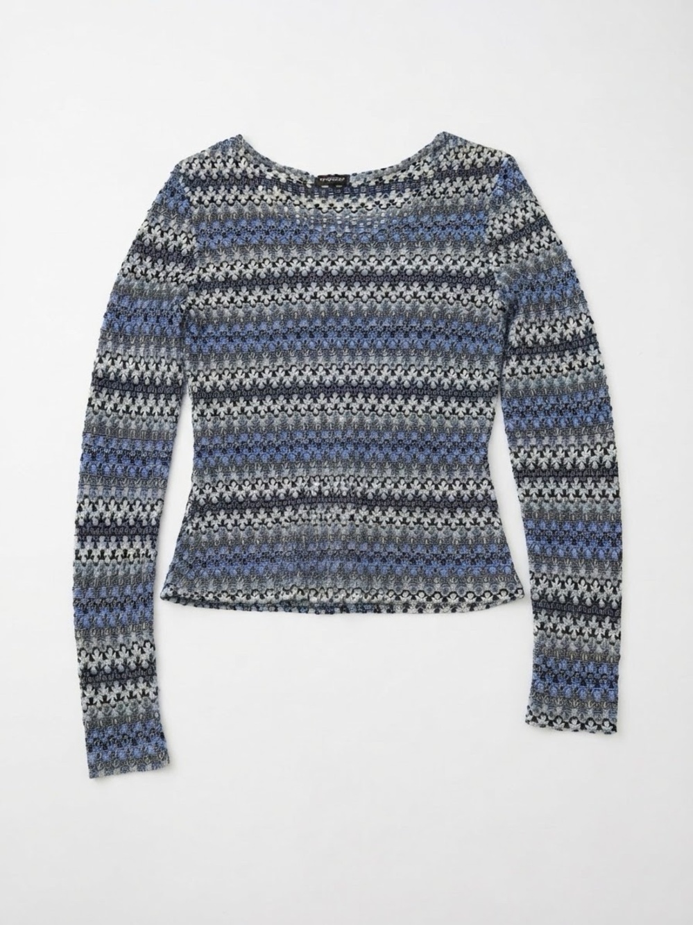 Vintage Y2K Eyeshadow Blue Gray Patterned Long Sleeve Mesh Knit Top (Size XL)